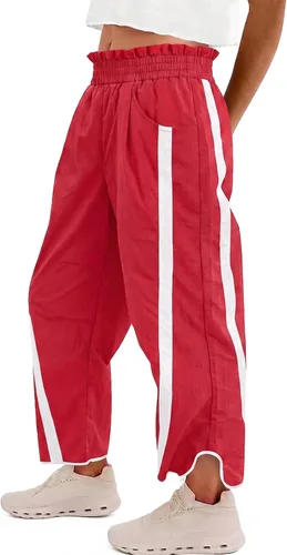 Vista 15 de Fisoew Pantalones deportivos holgados de pierna ancha para mujer, cintura Verde militar