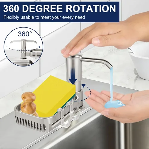 Vista 5 de Dispensador de jabón Mecyfaty para fregadero de cocina, bomba dispensadora de jabón integrada en el fregadero con soporte para esponja