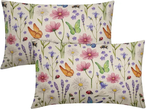 Vista 12 de Juego de 2 fundas de almohada de primavera de 16 x 16 pulgadas, diseño de conejo, flores rosas, hojas verdes salvia, plantas botánicas vintage