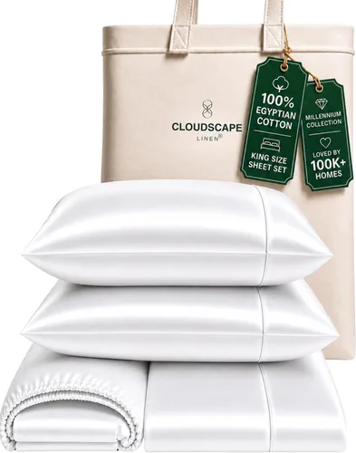 Vista 36 de Cloud Scape Linen - Juego de sábanas de algodón egipcio de doble capa, tamaño individual, tejido de satén de fibra larga, juego de 3 piezas, ropa