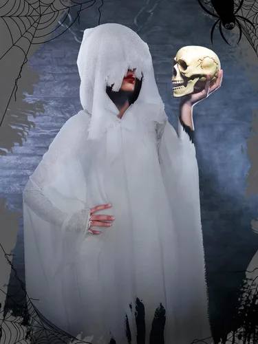 Vista 6 de Fourluoo Capa con capucha de la parca de Halloween para hombres y mujeres Blanco