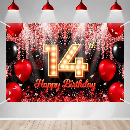 Vista 12 de Telón de Fondo Banner de Feliz 10º Cumpleaños Tema Negro y Rojo con Fondo de Neón Brillante y Moda para Fiesta de Cumpleaños Fotografía Accesorio