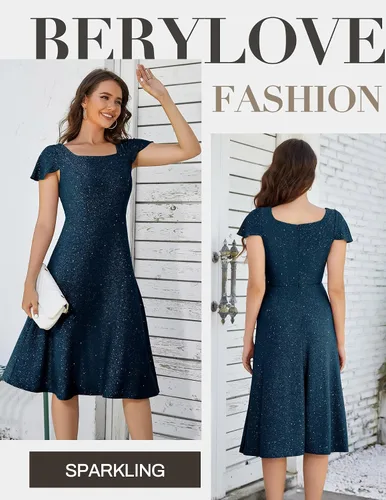 Vista 2 de BeryLove Vestido de fiesta formal de lentejuelas para adolescentes, vestido de fiesta formal de manga corta para boda, cóctel, vestido de noche