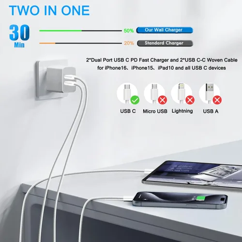 Vista 2 de Cargador iPhone 16 15, paquete de 2 bloques de cargador PD USB C de carga rápida, enchufe de pared con cable de carga USB C a C de 3.05 m de largo