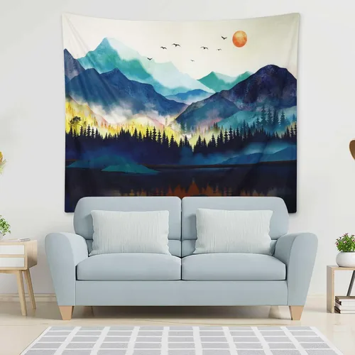Vista 2 de RosieLily Tapiz de montaña, 51 x 59 pulgadas, acuarela natural, bosque brumoso y paisaje de puesta de sol para dormitorio