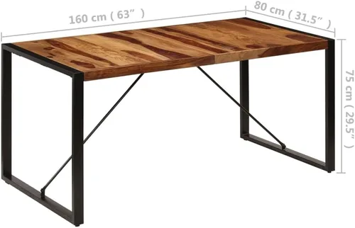 Vista 2 de Solid Sheesham Wood Dining Table Industrial Rectangular Design 63 x 31.5 Inch Brown Polished Finish for Dining Room Kitchen and Indoor Gatherings