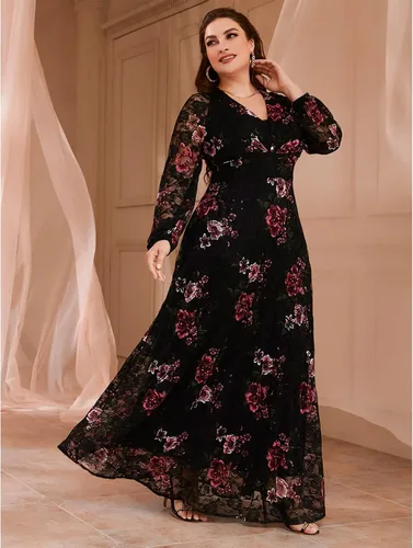 Vista 6 de Vestido de talla grande para mujer, con cuello en V, bordado de rosa, elegante, formal, maxi vestidos