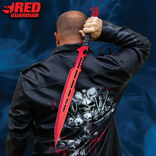 Vista 3 de Espada de fantasía Red Guardian, hoja roja de 18.5 pulgadas con acabado galvanizado, espada de cosplay genial con funda de cinturón de nailon, mango