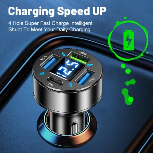 Vista 4 de Cargador rápido de coche de 4 puertos con salida de enchufe, voltímetro LED, PD3.1, súper puerto, accesorio USB universal para encendedor