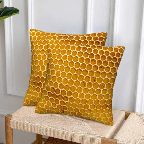 Vista 4 de Juego de 2 fundas de almohada de panal de abeja de 18 x 18 pulgadas, color amarillo miel, abstracto, fundas de almohada cuadradas de terciopelo