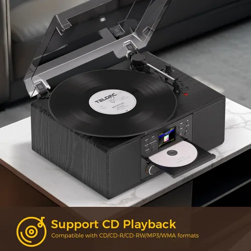 Vista 4 de Tocadiscos de vinilo Bluetooth con CD y radio por Internet, tocadiscos de 3 velocidades con grabación USB, salida AUX/RCA, control remoto y tono