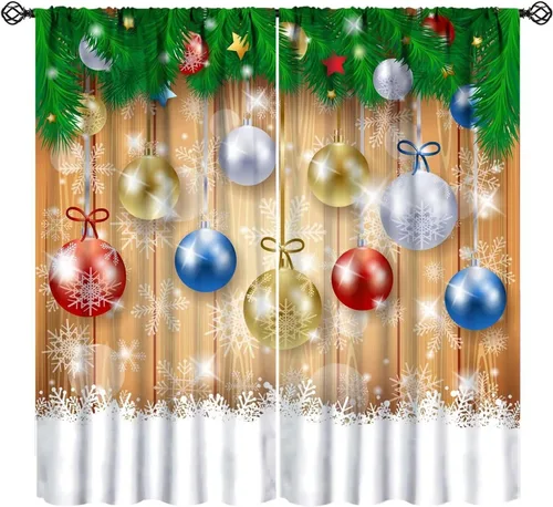 Vista 28 de Cortinas de Navidad de gnomo, bolas de árbol de Navidad, luces, regalos, decoración de tablones para sala de estar, dormitorio, bolsillo para barra