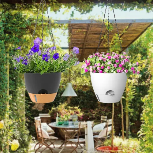 Vista 6 de Paquete de 2 macetas colgantes, macetas colgantes de riego automático de 10 pulgadas para plantas de interior y exterior, cesta colgante para negro