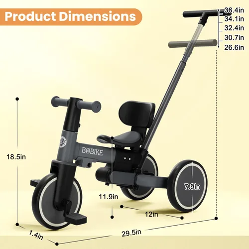 Vista 8 de BoBike Triciclo 5 en 1 para niños pequeños de 18 meses a 5 años, bicicleta para niños con pedales mejorados, mango de empuje para padres, bicicleta