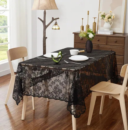 Vista 7 de ASATEX Camino de mesa de encaje de lino dorado de 14 x 36 pulgadas con 2 borlas. El patrón floral clásico y elegante es la opción ideal