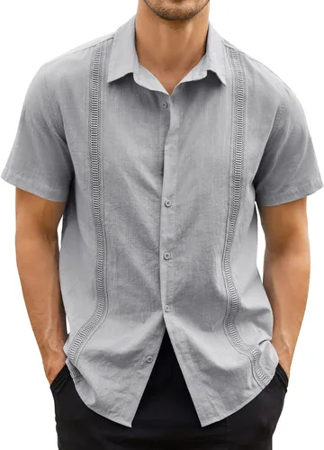 Vista 2 de Hestenve Guayabera - Camisas casuales de lino y algodón con botones de manga corta para hombre, camisa hawaiana cubana de verano, playa, trabajo