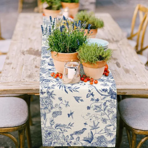 Vista 2 de AnyDesign Camino de mesa azul y blanco de 13 x 72 pulgadas, monocromático, pájaros, flores, cubierta de mesa retro floral para cocina, mesas