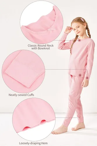 Vista 3 de Resinta Conjunto de 3 conjuntos de ropa interior térmica de algodón para niñas, parte superior y pantalones largos con lazos, capa base de invierno