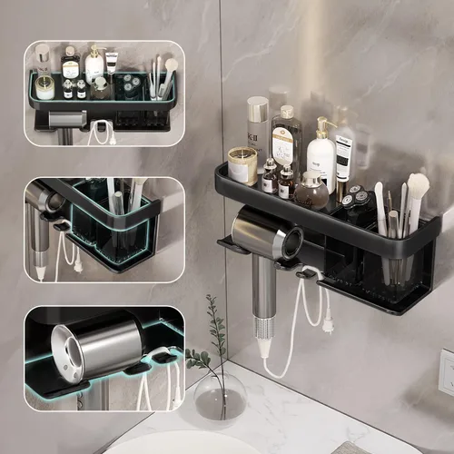 Vista 2 de Soporte para secador de pelo, organizador de secador de pelo, soporte para secadora de pelo, montado en la pared con estante para baño, salón, Negro