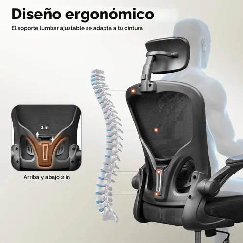 Vista 3 de DEVAISE Silla de Oficina de Respaldo Alto de Malla Ergonómica para Escritorio con Reposabrazos Abatibles, Reposacabezas Ajustable y Soporte Lumbar