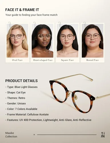 Vista 5 de TIJN Round Blue Light Glasses for Woman Men, Retro Acetate Cat Eye Rim Frame Glasses for Gaming Computer Screen, Maaike