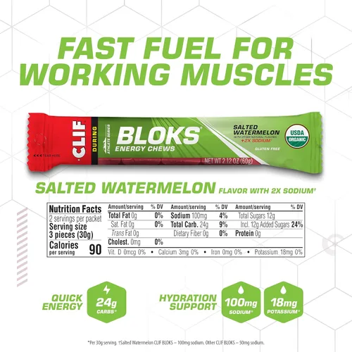 Vista 2 de CLIF BLOKS - Sabor sandía salada con 2X sodio - Masticables energéticos - Sin OGM - A base de plantas - Combustible rápido para ciclismo y correr