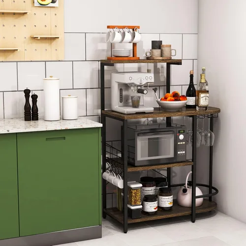 Vista 2 de Giantex Estante de cocina para panaderos, soporte para microondas de 4 niveles con 6 ganchos y estantes para copas, estante superior desmontable