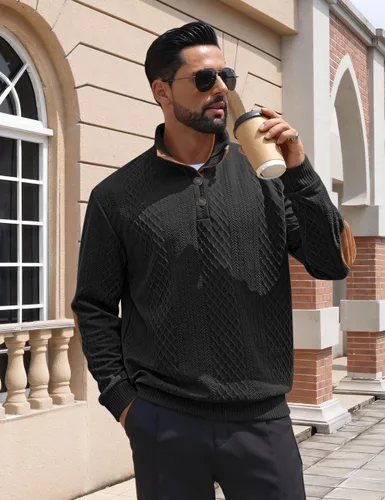 Vista 2 de Suéter de manga larga para hombre, casual, con botones de un cuarto, con cuello alto, sudadera con capucha