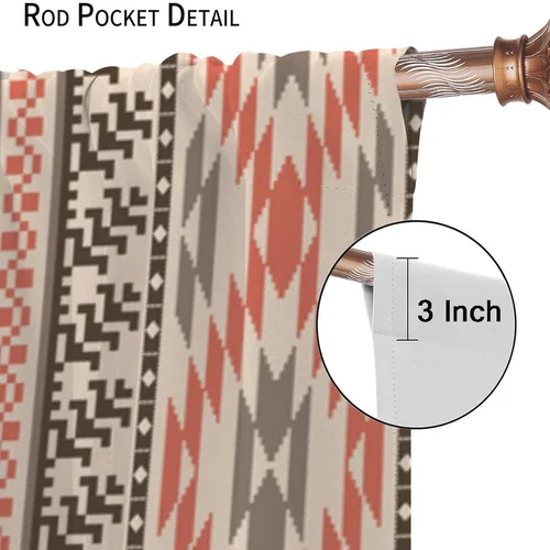 Vista 404 de Cortinas con patrón geométrico tribal, estilo suroeste, azteca, rústico, occidental, nativo americano, opacas, con bolsillo para barra, decoración