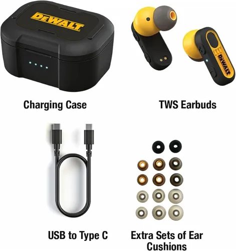 Vista 5 de DEWALT Audífonos inalámbricos verdaderos de alta resistencia, auriculares Bluetooth con estuche de carga tipo C incluido, 37 horas de duración
