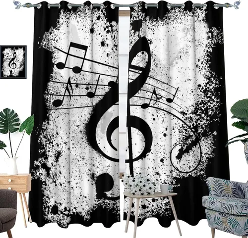 Vista 3 de Cortinas opacas de oscurecimiento de habitación con ojales, diseño rústico de símbolos musicales blancos y negros, tratamiento de ventana