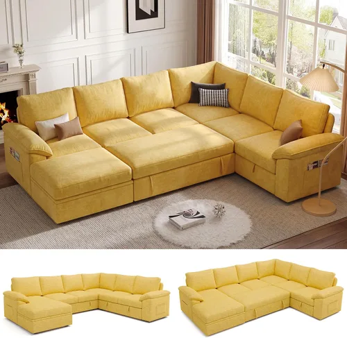 Vista 27 de Sofá Seccional Modular de 85 Pulgadas con Cama Extraíble, Sofá Cama Seccional en Forma de L de 5 Asientos con Almacenamiento, Sofás Seccionales