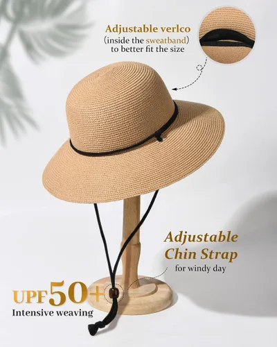 Vista 2 de Sombreros de sol para mujer con FPS 50, de algodón, con cordón de barbilla, de ala ancha, elegante de 21.6-23.6 pulgadas