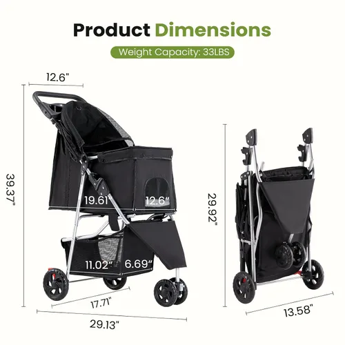 Vista 6 de NEWBULIG Cochecito para mascotas de 3 ruedas para perros y gatos, plegable, ligero y duradero para mascotas pequeñas a medianas, incluye cesta
