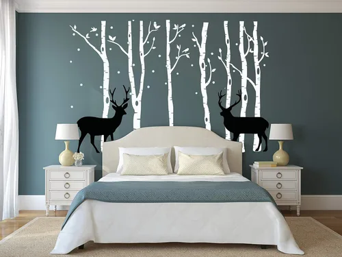 Vista 7 de Vinilo adhesivo de vinilo extraíble con diseño de ciervos y abedules para niños, decoración de habitación del bebé, habitación del bebé (gris)