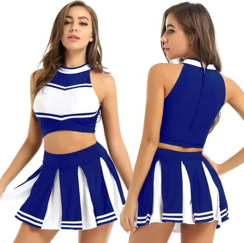 Vista 3 de JEEYJOO Conjunto de uniforme de animadora para mujer camiseta corta sin mangas con falda plisada