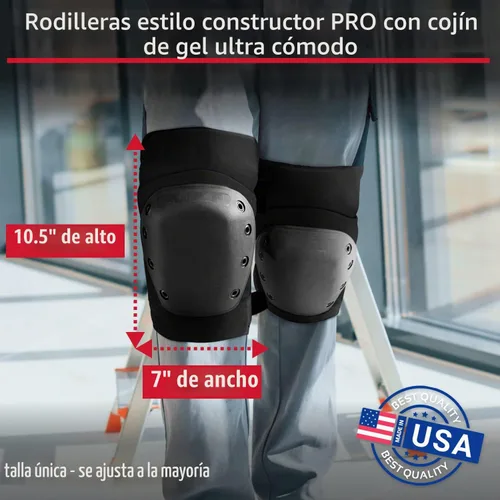 Vista 2 de PRO - Rodilleras estilo constructor con 3 niveles de protección, color negro, 1 par, tapa de plástico de soporte plano y cierres ajustables