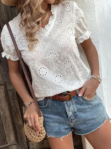 Vista 4 de Floerns Blusa de manga corta para mujer con bordado con ojales y ribete de volantes