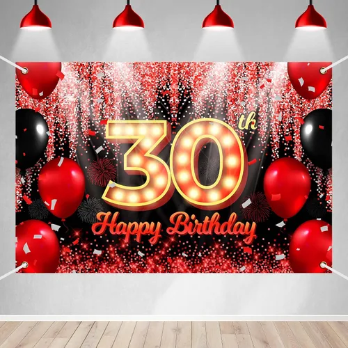 Vista 24 de Telón de Fondo Banner de Feliz 10º Cumpleaños Tema Negro y Rojo con Fondo de Neón Brillante y Moda para Fiesta de Cumpleaños Fotografía Accesorio