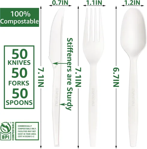 Vista 3 de MISISIPI Juego de utensilios compostables de 150 unidades, resistente con certificación BPI, tenedores desechables sin plástico, cucharas, cuchillos