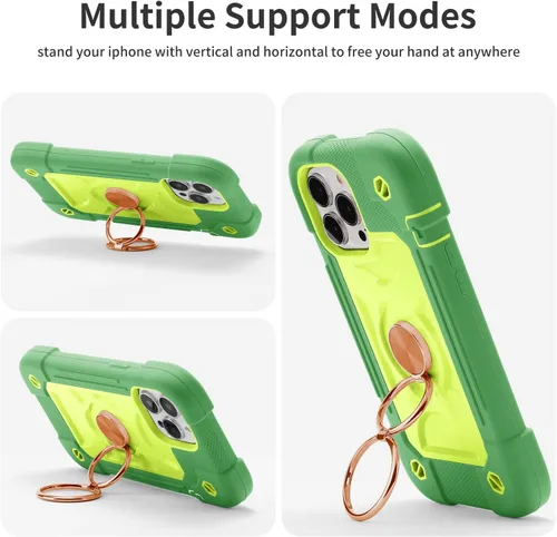 Vista 5 de Funda para iPhone 13 Pro Max de 6.7 pulgadas con soporte de anillo, con 2 protectores de pantalla de vidrio + 1 protector de lente de cámara, funda