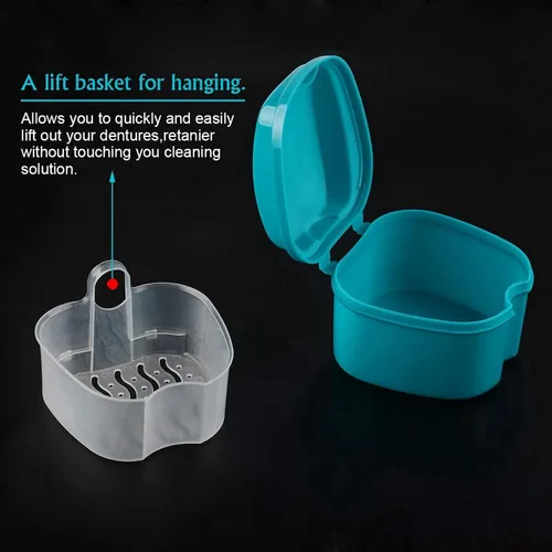 Vista 4 de 3 cajas azules para dentaduras postizas, taza de dentadura con colador, caja de almacenamiento de dientes falsos con soporte para contenedores de red