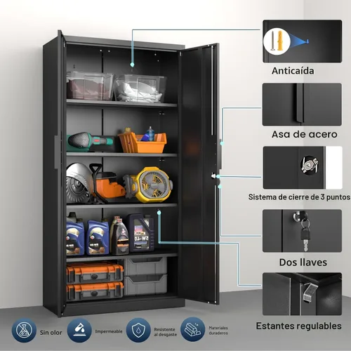 Vista 7 de Armario de almacenamiento de metal para garaje con cerradura, armario de almacenamiento de acero de 71 pulgadas de alto con 4 estantes ajustables