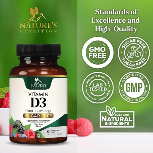 Vista 4 de Vitamina D3 5000 UI (125 mcg) por porción, vitamina D extra fuerte masticable para apoyo inmunológico, suplementos para huesos, dientes y músculos