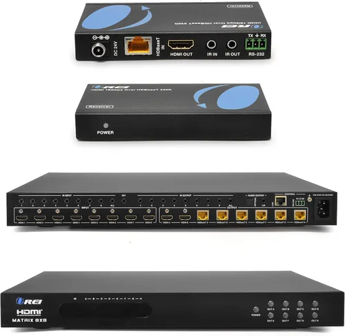 Vista 3 de OREI Extensor de conmutador de matriz HDMI 4K HDBaseT sobre Cat6/7 individual con paquete de 8 cables HDMI - Soporta HDR, CEC e IR control de hasta