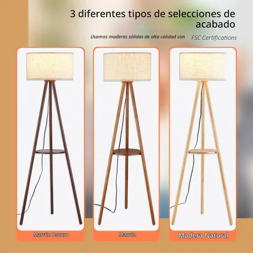 Vista 8 de Lámpara de pie con trípode de madera Baobab Tree Park BTP para sala de estar, bombilla LED de 3 temperaturas de color incluida, lámpara de pie