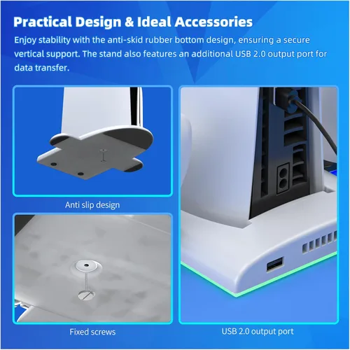 Vista 7 de PS5 Slim Cooling Stand, Dual Controller Charger, RGB Lights & USB 2.0 Port