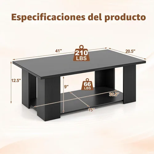 Vista 2 de Giantex Mesa central rectangular de madera, mesa de té moderna grande de 41 pulgadas y 2 niveles con compartimento abierto, fácil montaje, mesa