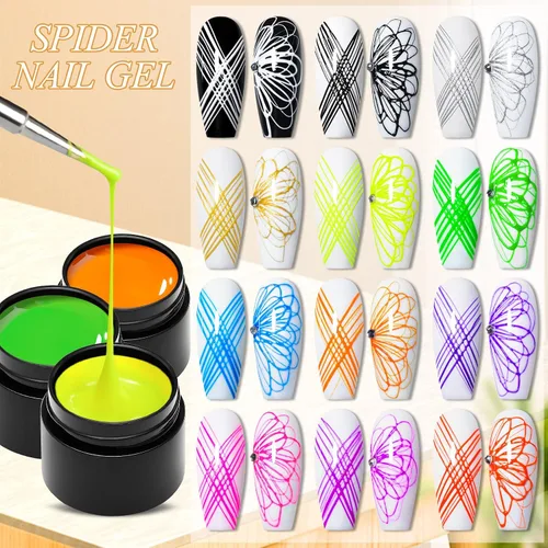 Vista 5 de Gel de araña luminoso de 12 colores, gel de araña que brilla en la oscuridad para arte de uñas, gel de dibujo de alambre elástico para línea