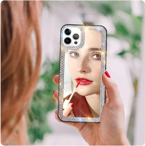 Vista 7 de Funda con espejo para iPhone 13 Pro Max para mujer con diamantes de imitación brillantes, espejo adhesivo para funda de teléfono, cubierta de espejo